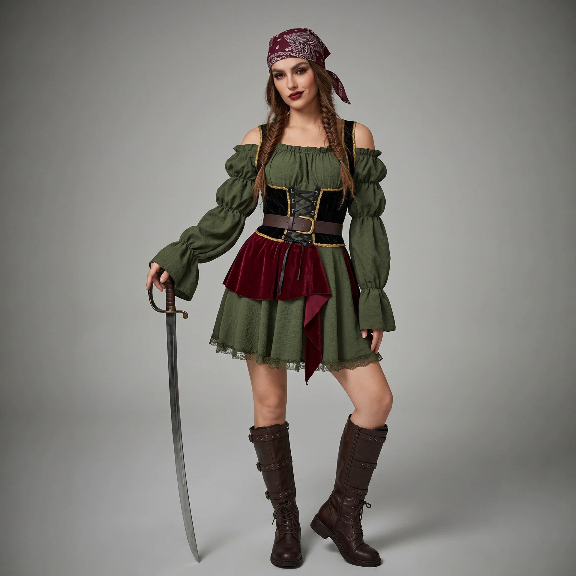Women Vintage Pirate Dress Halloween Cosplay Costume Medieval Renaissance Outfit